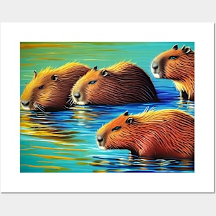 capybara swim Posters and Art